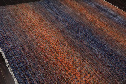 9’ x 12’ Hand Knotted 100% Wool Modern Grass Oriental Area Rug Orange, Navy